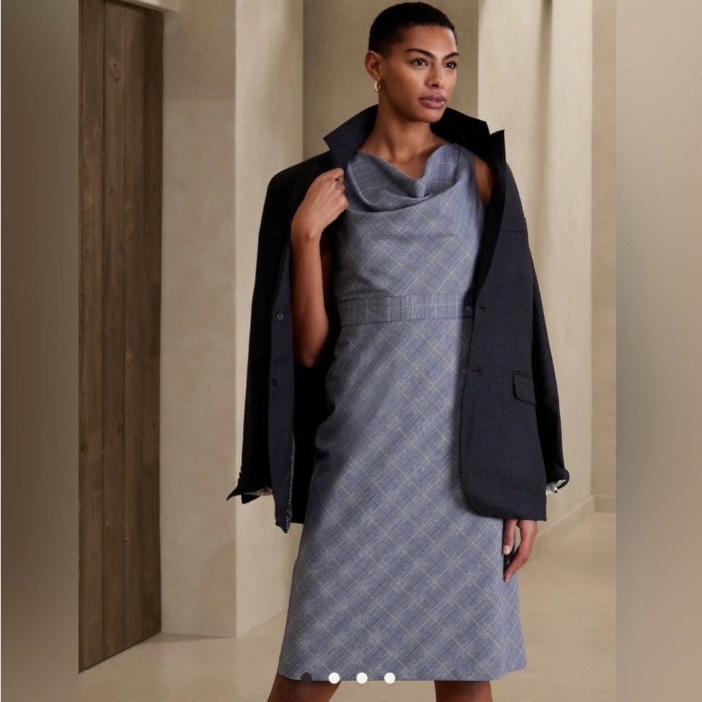 Banana Republic size 12 Tall. Classic style, cowl neck dress, blue tartan.